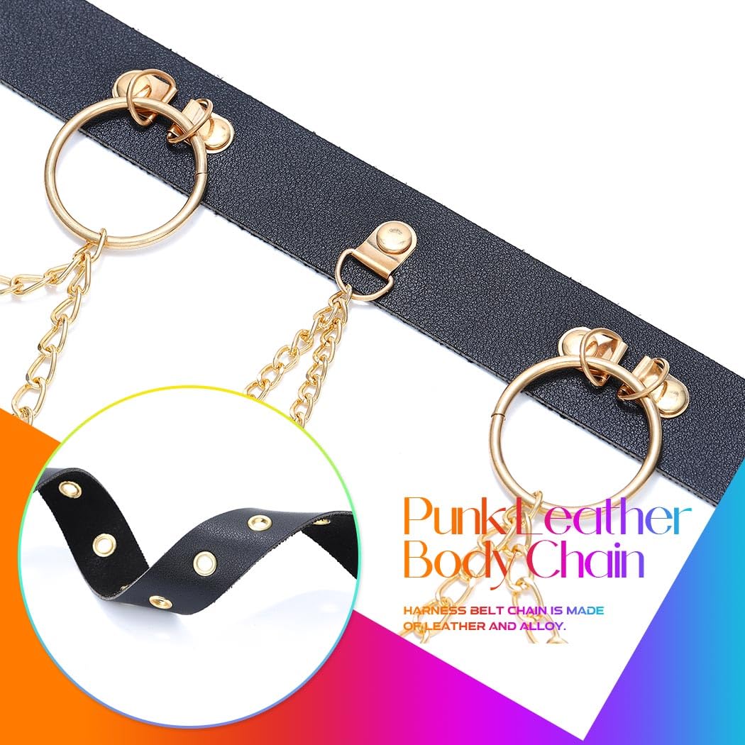 BODIY Black Leather Waist Chain Belt Gold Body Chain Punk Rave Accessories Fashion Body Jewelry for Women