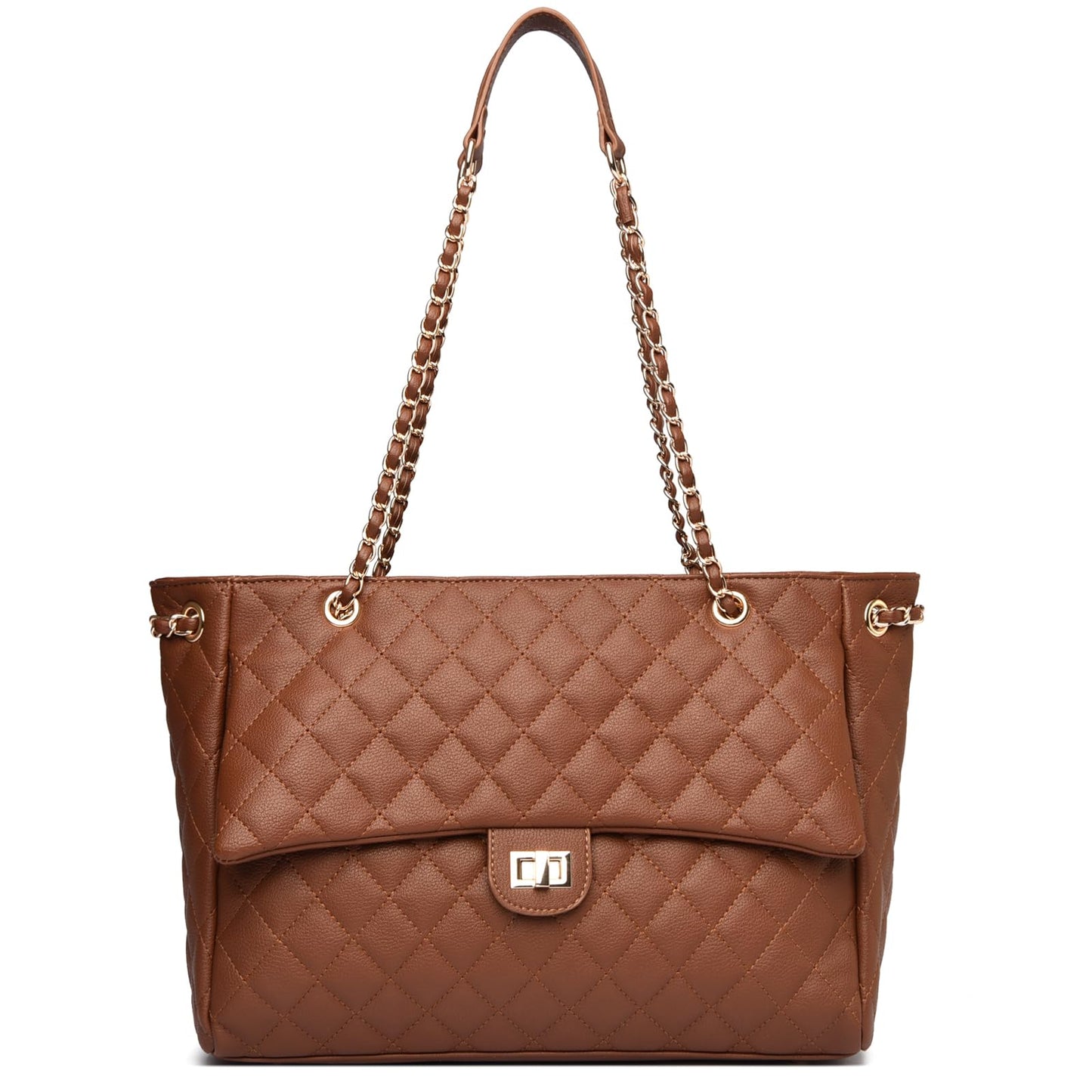 Eslcorri Quilted Satchel Tote Bag for Women, Elegant Leather Shoulder Handbag with Chain Strap and Twist-Lock, Classic Designer Crossbody Purse for Work, Travel, Dating & Evening Out, Brown