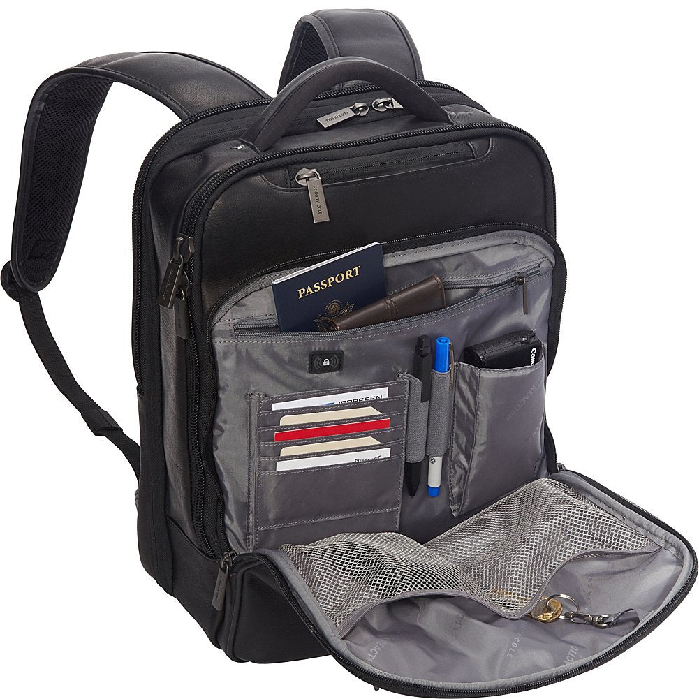 Kenneth Cole Reaction Manhattan Colombian Leather Slim 16" Laptop & Tablet Checkpoint-Friendly Anti-Theft RFID Business Book Bag Backpack, Black