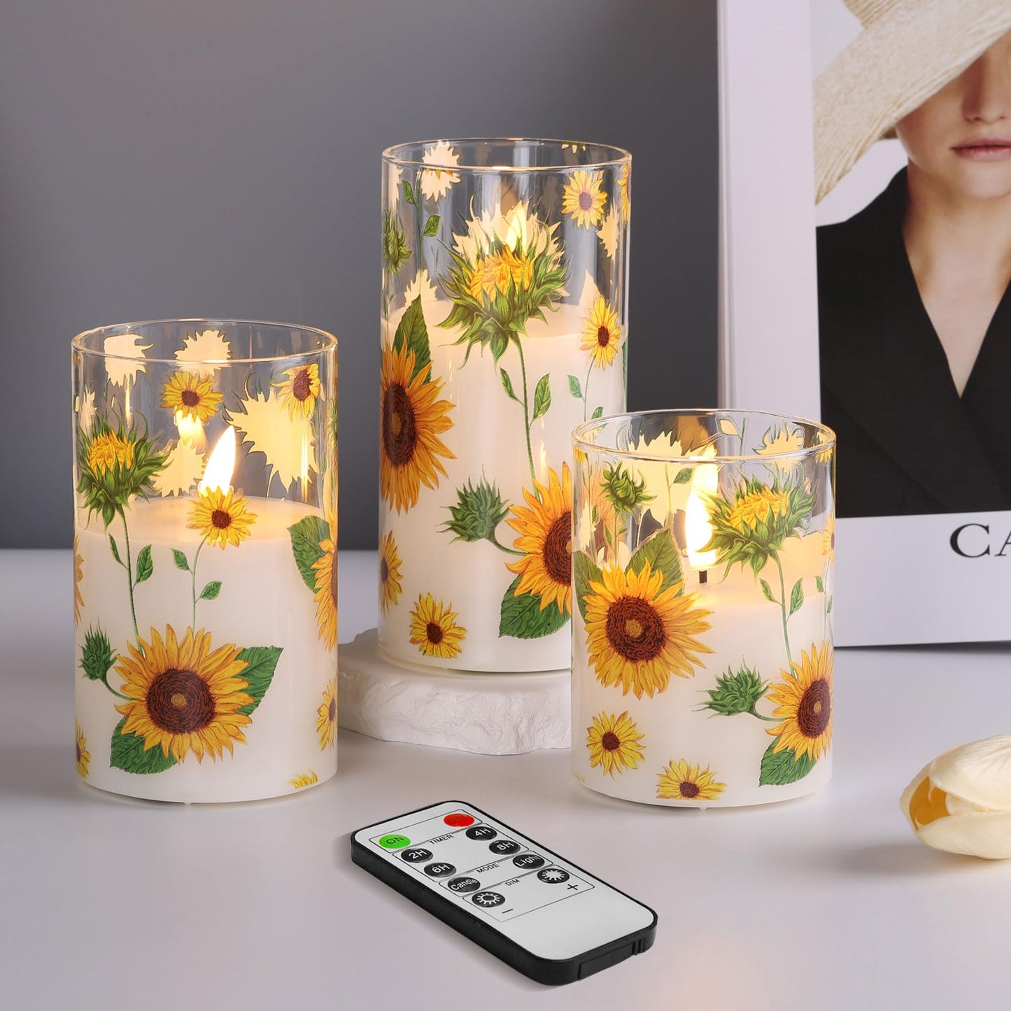 Girimax Sunflower Glass Flameless Pillar Candles with Remote, Flickering LED Battery Candles Summer Home Decor Set of 3