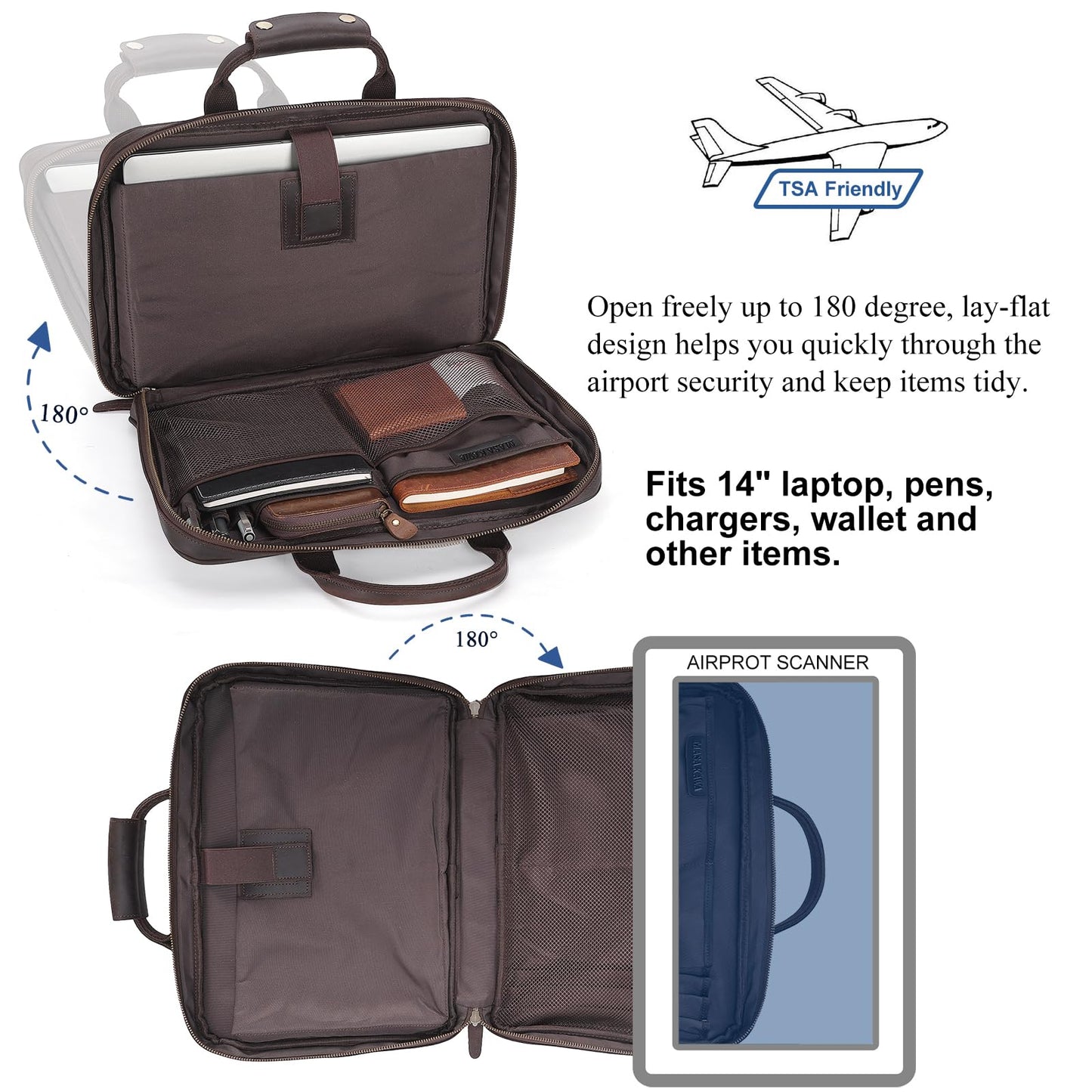 Masa Kawa Leather Slim Briefcase for Men Fits 14" Laptop, Crossbody Shoulder Messenger Computer Bag Vintage Business Work Lawyer Attache Case