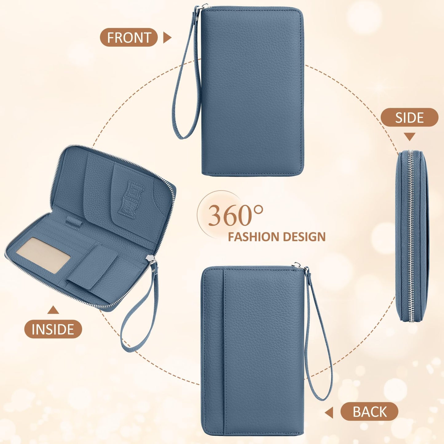 NEWIROVE Passport Holder For Travel, Leather Passport Holder RFID Passport Wallet With Zipper Coin Pocket And Wristlet Strap Women And Men Passport Case For Credit Card, ID, Cash.Blue
