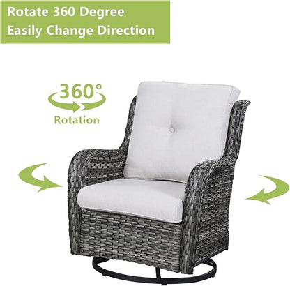 Rilyson Wicker Rocking Chair Swivel Chairs - 3 Piece Rocker Patio Furniture Set Rattan Rocking Bistro Sets with Glass Top Side Table for Outdoor Porch Deck Garden Backyard (Mixed Grey/Beige)