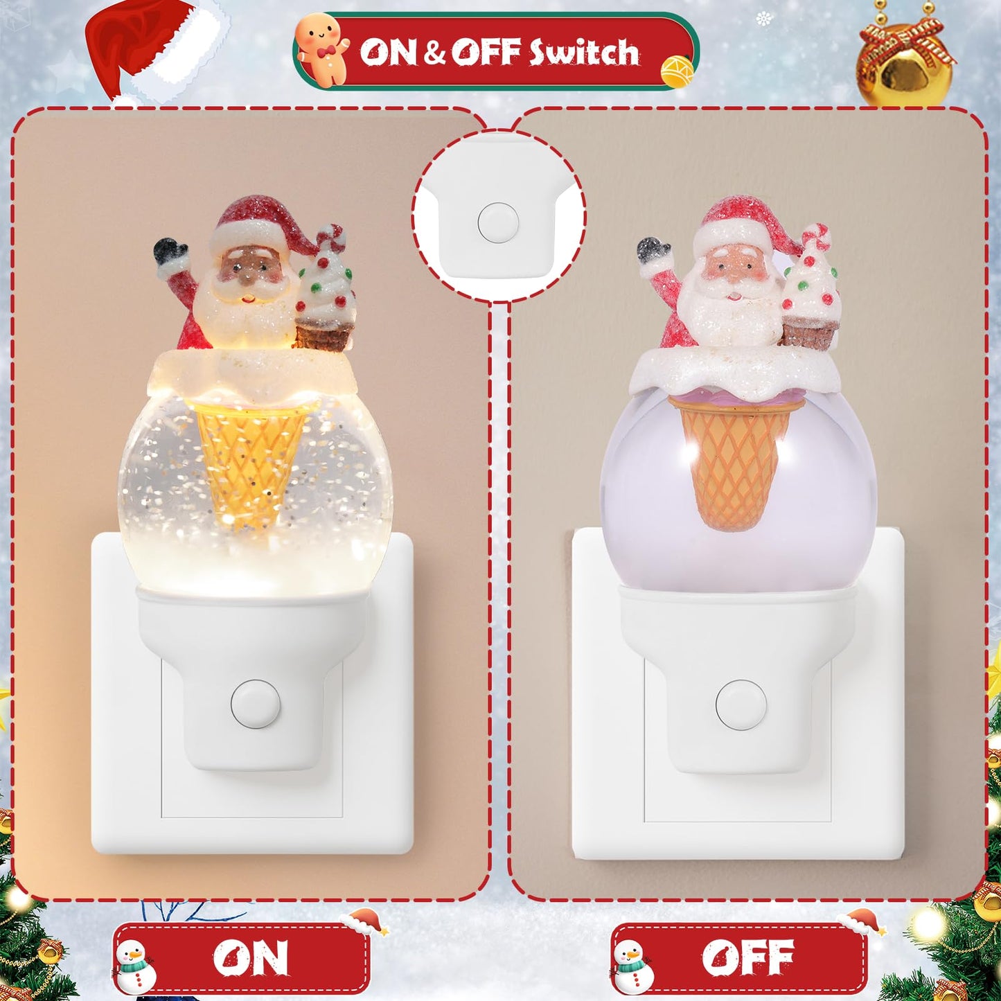 Christmas Santa Night Light Plug into Wall Glitter Water Nightlight with USB/Outlet Options, Christmas Decorative Nightlight for Bedroom Kitchen Nursery Holiday Decorations Gifts (Santa Ice Cream)