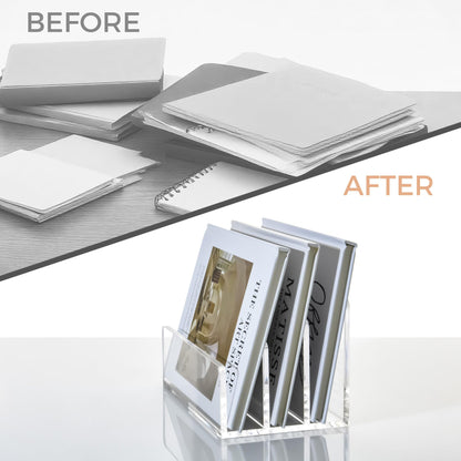 AIMOLLY 3 Compartments Clear Acrylic Mail Holder – Vertical Letter Sorter & Multifunction Desk Organizer for Bills, Documents, Notebooks – Modern Office/Home Envelope File Rack