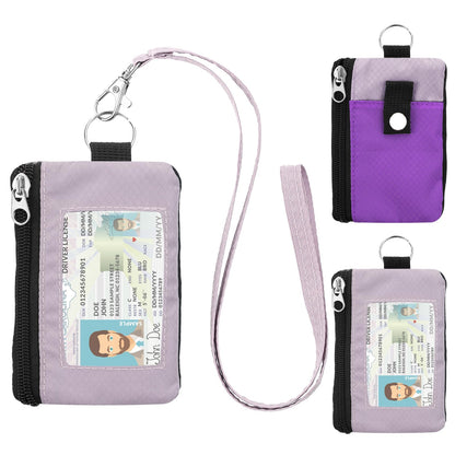 ZHOMA Minimalist RFID Blocking Wallet with Lanyard, Functional ID Case with 2 Zipper Pockets and Key Chain for Men and Women, Tactical Badge Pouch Cards Holder, Coin Purse for Travel Sports-Purple