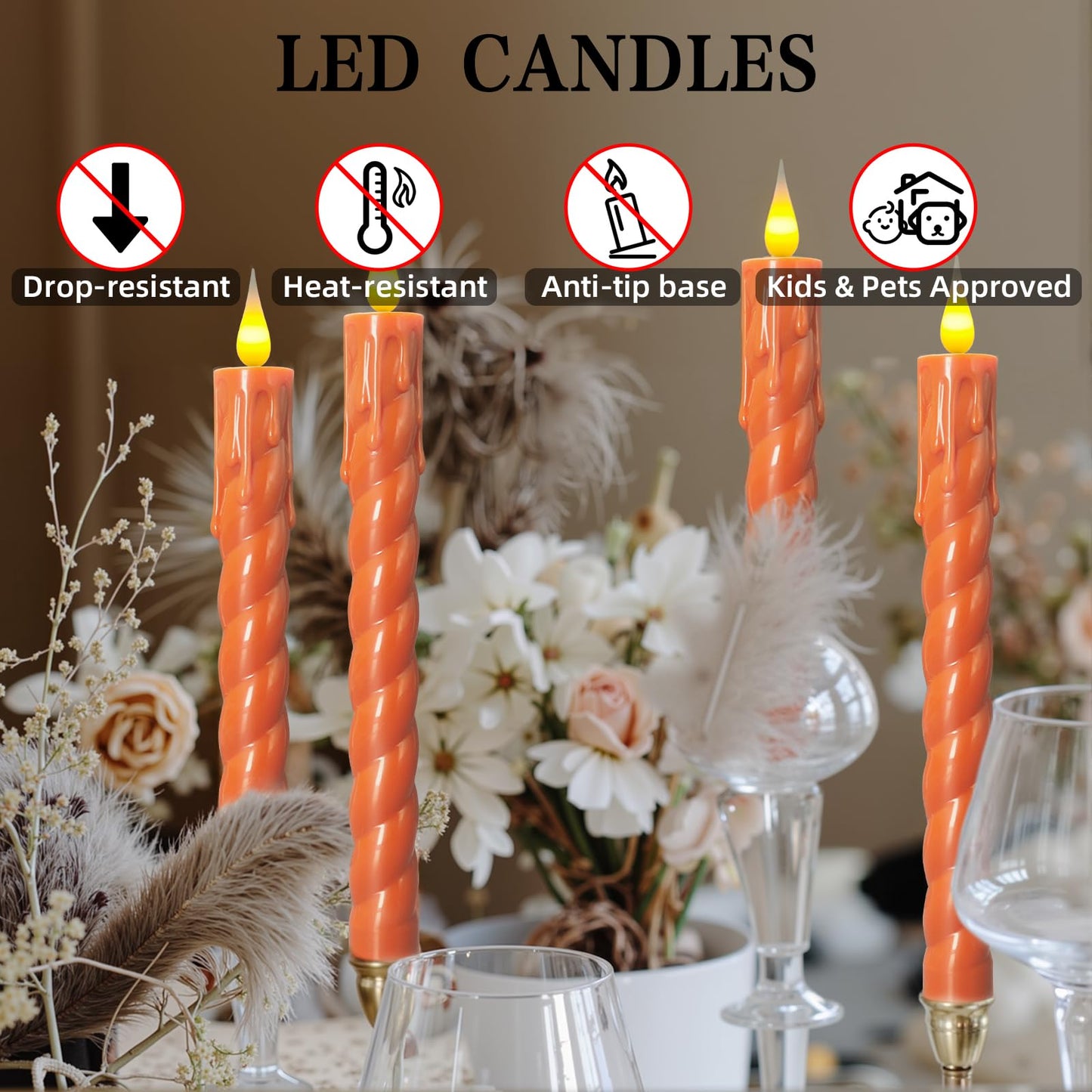 ODTRAM Flameless Taper Candles Flickering with Remote,Timer, Dimmer,9.7 Inch Orange 6 Pack Candle Sticks,Realistic Wax Drip,Battery Operated Candlesticks for Christmas Wedding Halloween Home Decor