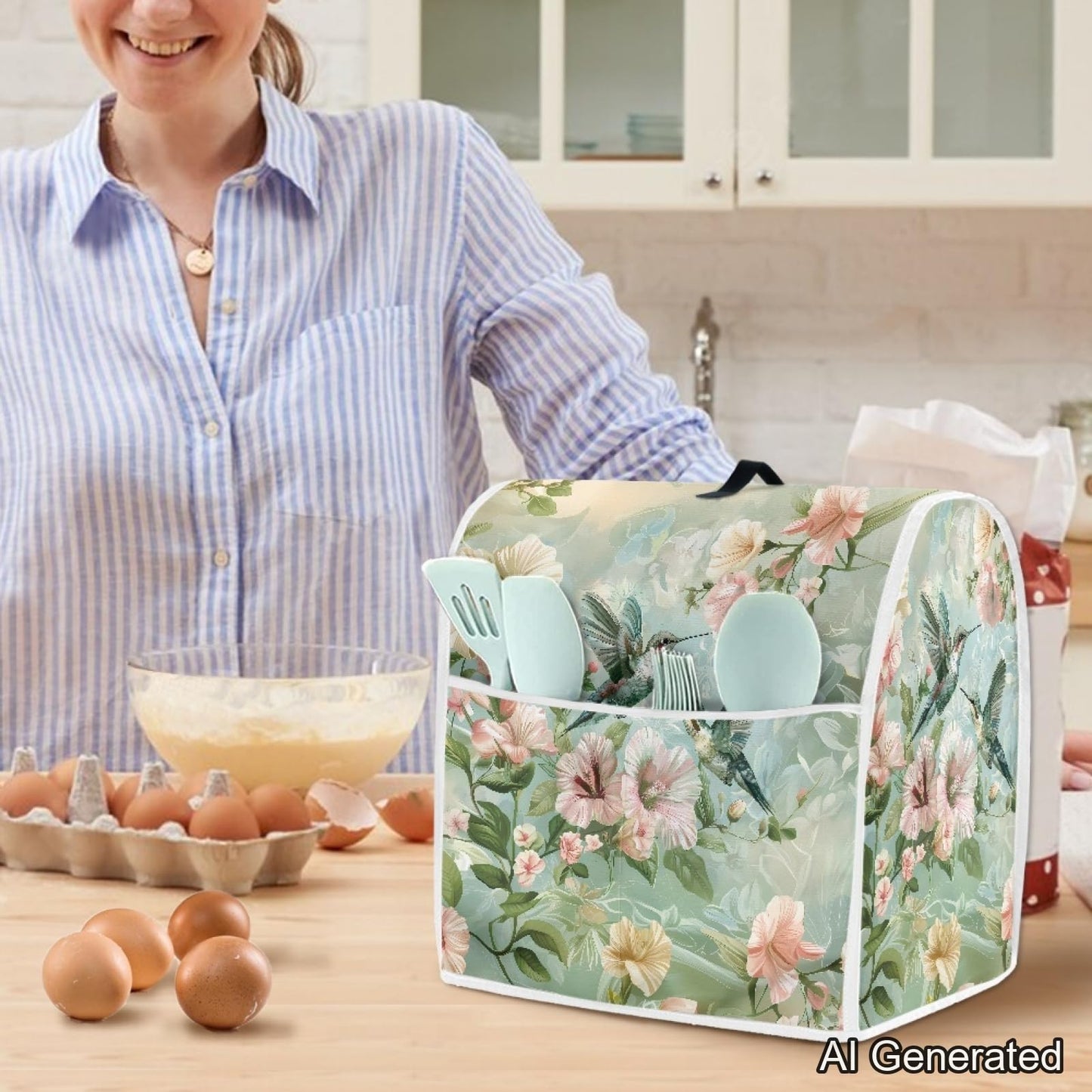 YUVAMAGIMO Floral Hummingbird Foldable Portable Mixer Cover | Dust Protector with Handle & Pocket | 6-8 Quart Kitchen Appliance Protector for Home Decor