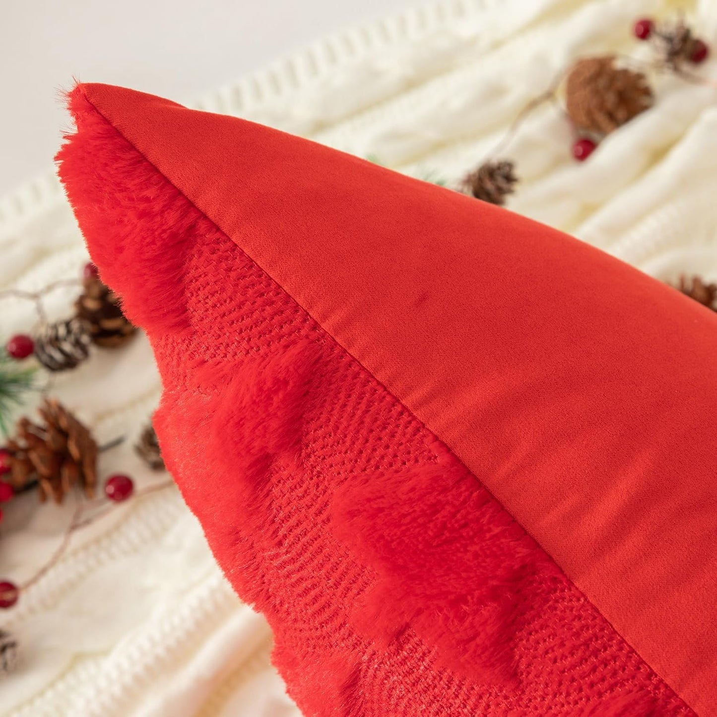 TBAVNOSY Christmas Tree Pillow Covers Set of 2 18x18 inches, 3D Xmas Tree Shaped Faux Fur Throw Pillow Covers for Couch, Sofa, Living Room Winter Holiday Decor, Farmhouse (Red)