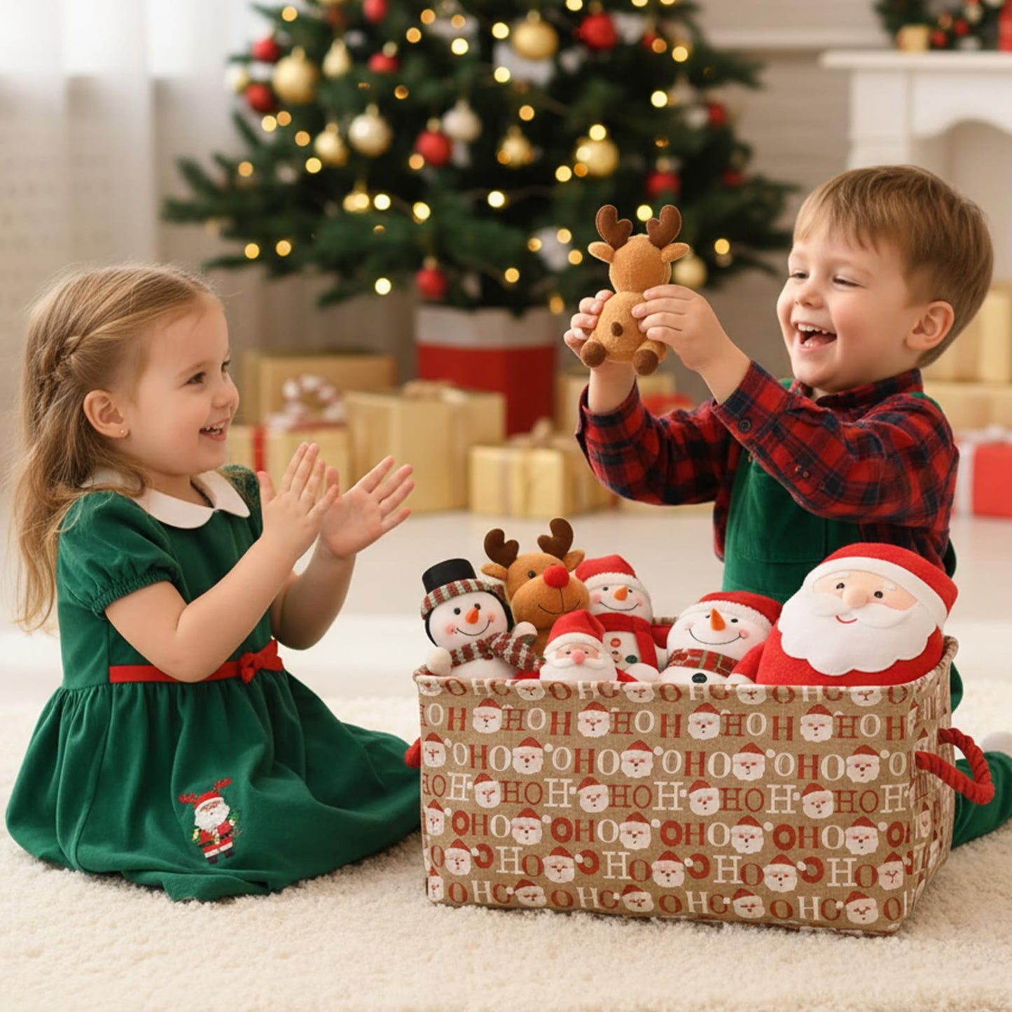 INough Christmas Baskets for Gifts Empty, Christmas Decor Collapsible Santa Storage Bins with Handles Bright and Festive Gift Storage Container for Christmas for Baby/Kids/Nursery Room