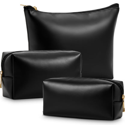 Kigeli 3 Piece Leather Makeup Bag Set Graduation Women Gifts PU Leather Makeup Toiletry Bag Bridesmaid Cosmetic Pouch Small Aesthetic Travel Purse for Wedding Birthday Women Gifts(Black)