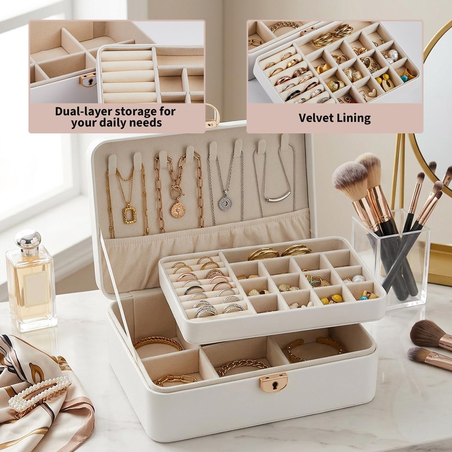 GarveeHome 1PC 2-Layer Jewelry Box Organizer, PU Leather Lockable Jewelry Storage Case for Women Girls, White/Champagne, Portable Display Box for Rings, Necklaces, Earrings