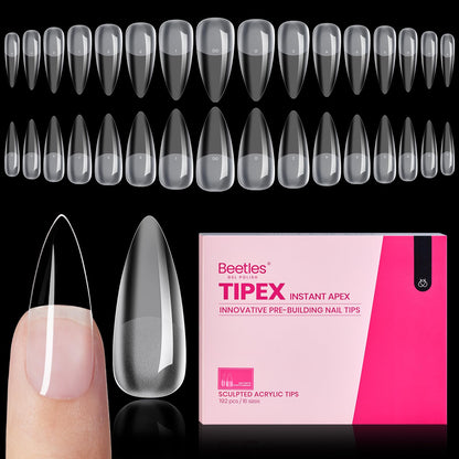 Beetles Tipex Gel Nail Kit, Medium Almond Nail Tips 224 Pcs 16 Sizes Pre-Building Pre-Etched Thick Acrylic Tips with Tipex Glue, Mini Lamp