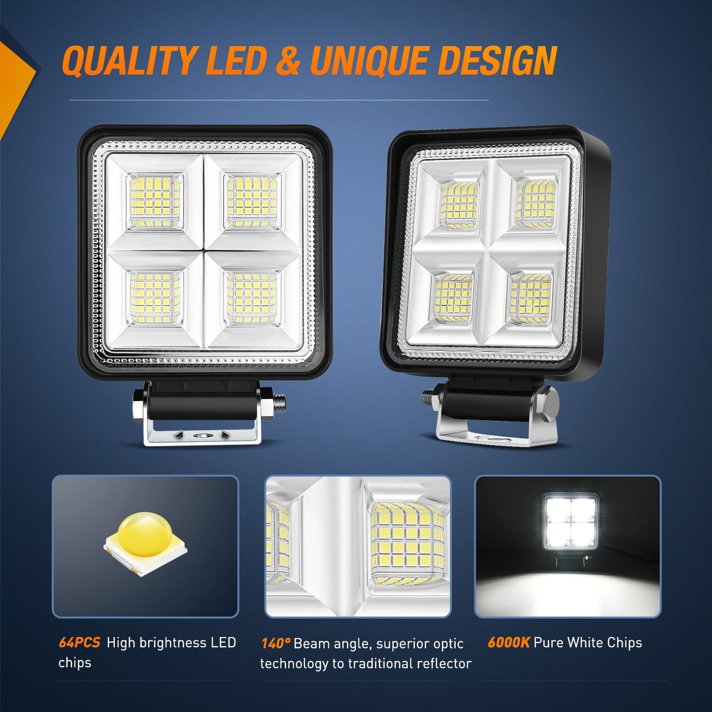 Nilight LED Tractor Lights LED Pods Square 2PCS 4 Inch 64LEDs Flood Bar Fog Driving Work Lighting for Truck Off Road Vehicles ATV UTV Boat