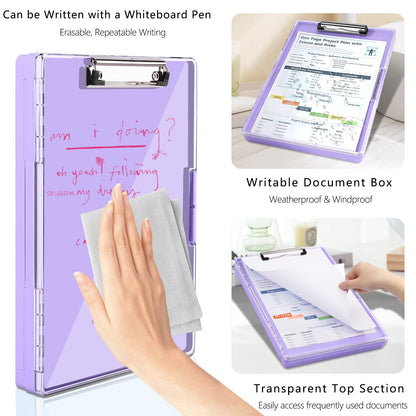 SFLHHDM Clipboard with Storage,Heavy Duty Clip Boards 8.5x11 with 2 Storage Case,Clear Visible Panel Storage Clipboards,Side Opening Nursing Clipboard Folder for Office Supplies-Light Purple