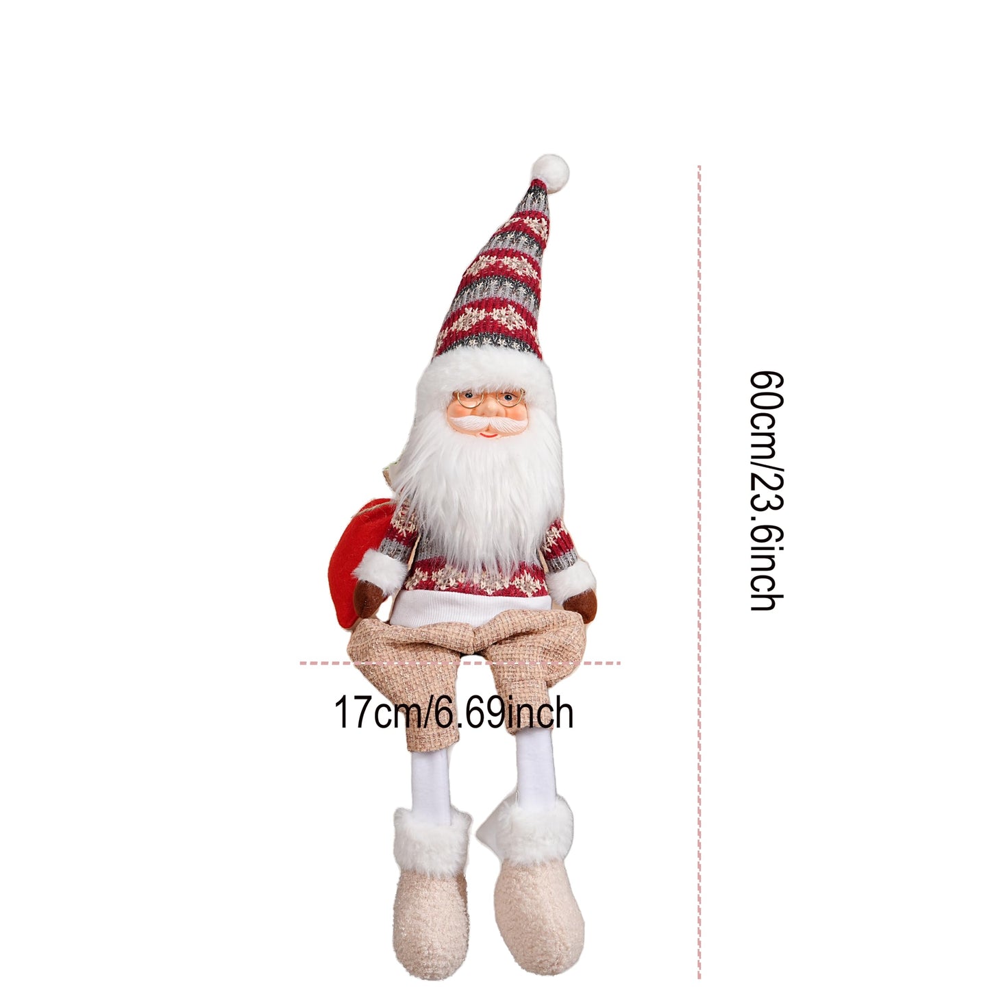 Dedrian11 23.6’’ Christmas Sitting Santa Shelf Sitter Decor, Long Dangling Legs, Poseable Wired Hat & Arms, Nordic Knit Sweater, Mantel Shelf Tabletop Ornament, Weighted Bottom