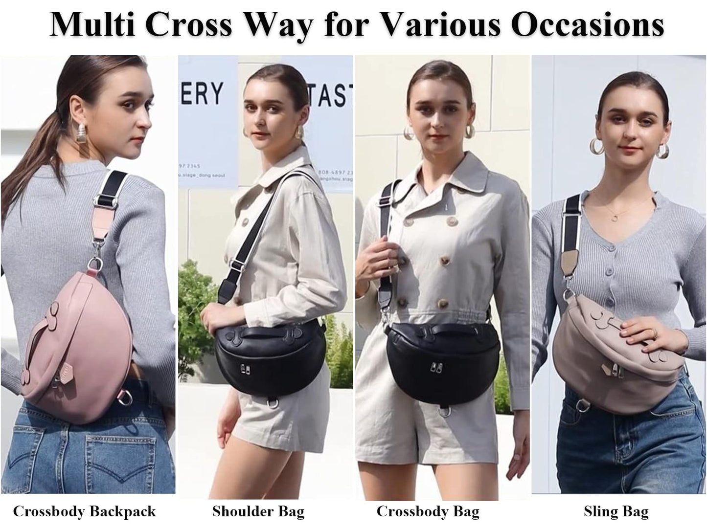 Eslcorri Crossbody Bags for Women - Fashion Sling Purse Shoulder Bag Fanny Pack Leather Casual Chest Bum Bag with Adjustable Wide Strap for Workout Traveling Running Shopping - off white