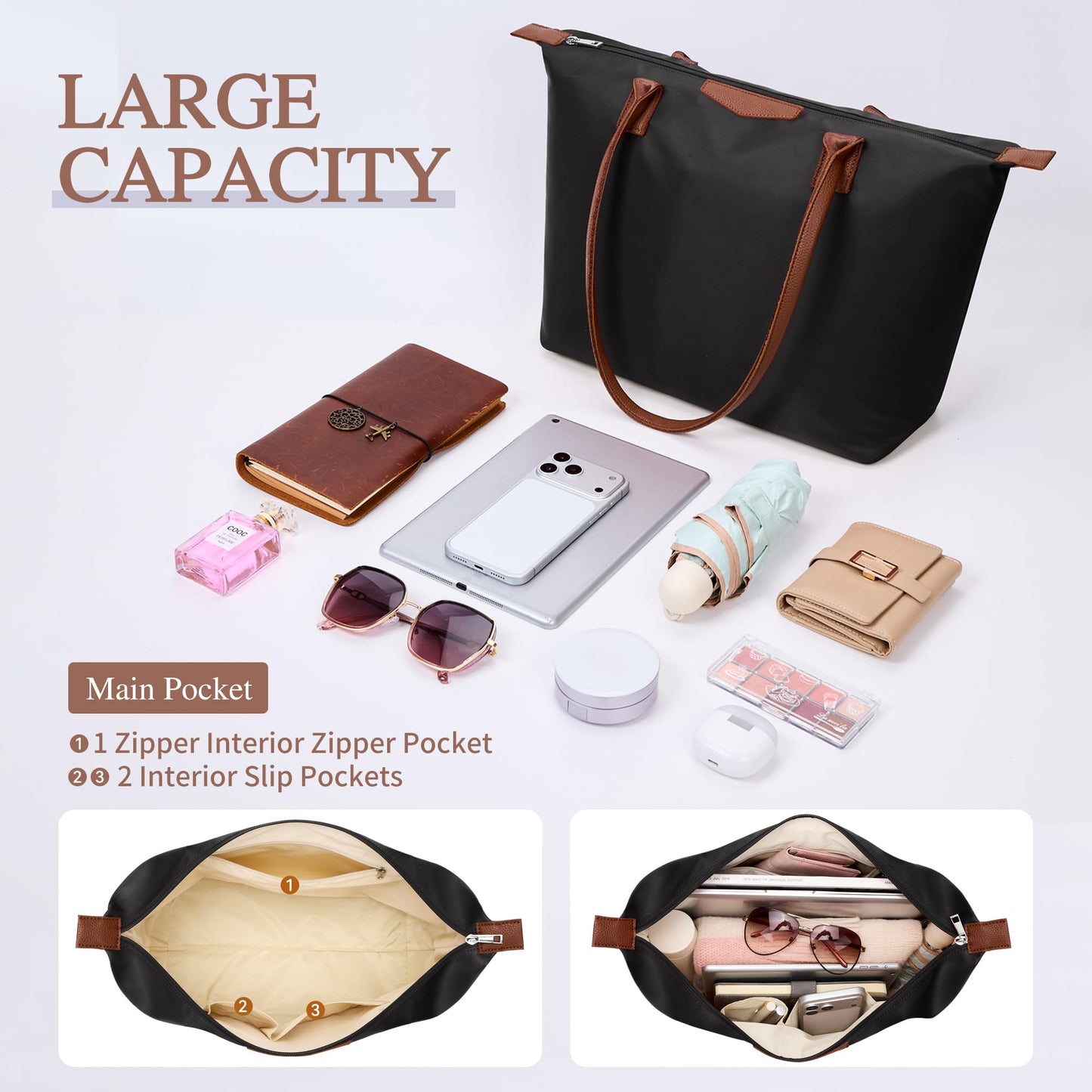 DIXEIGHT Tote Bag for Women, Casual Hobo Bag Vegan Leather Top-Handle Purse Foldable Shoulder Nylon Zipper Handbag