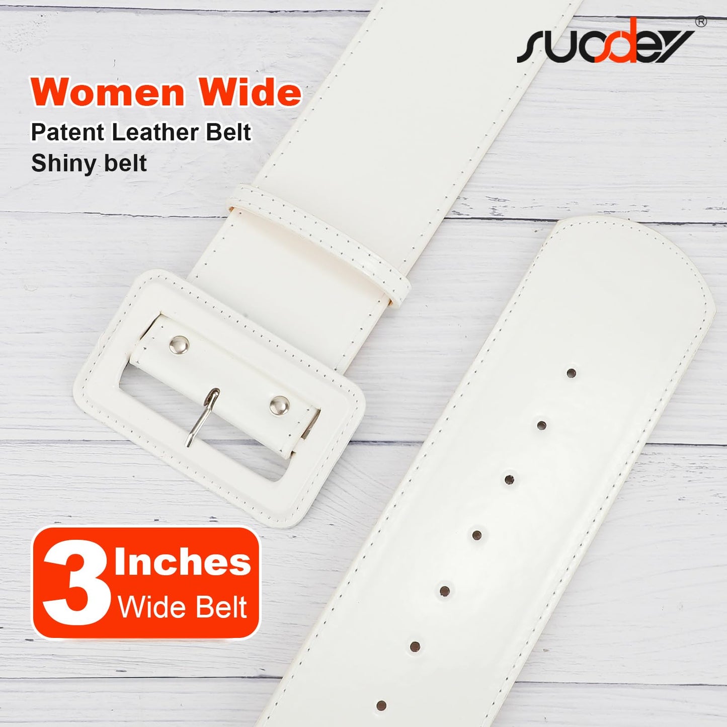 SUOSDEY Women Wide Patent Leather White Belt Fashion Square Buckle Waist Cinch Belt for Dresses,3" Width