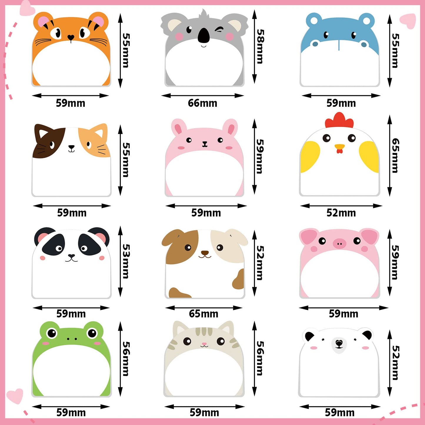 Yinder 24 Pads Cute Sticky Notes Fun Kawaii Animal Sticky Notes Pads Bulk Cartoon Memo Self Adhesive Gift for Valentines Veterinary Office School Tab Party Supplies(Classic Animals)