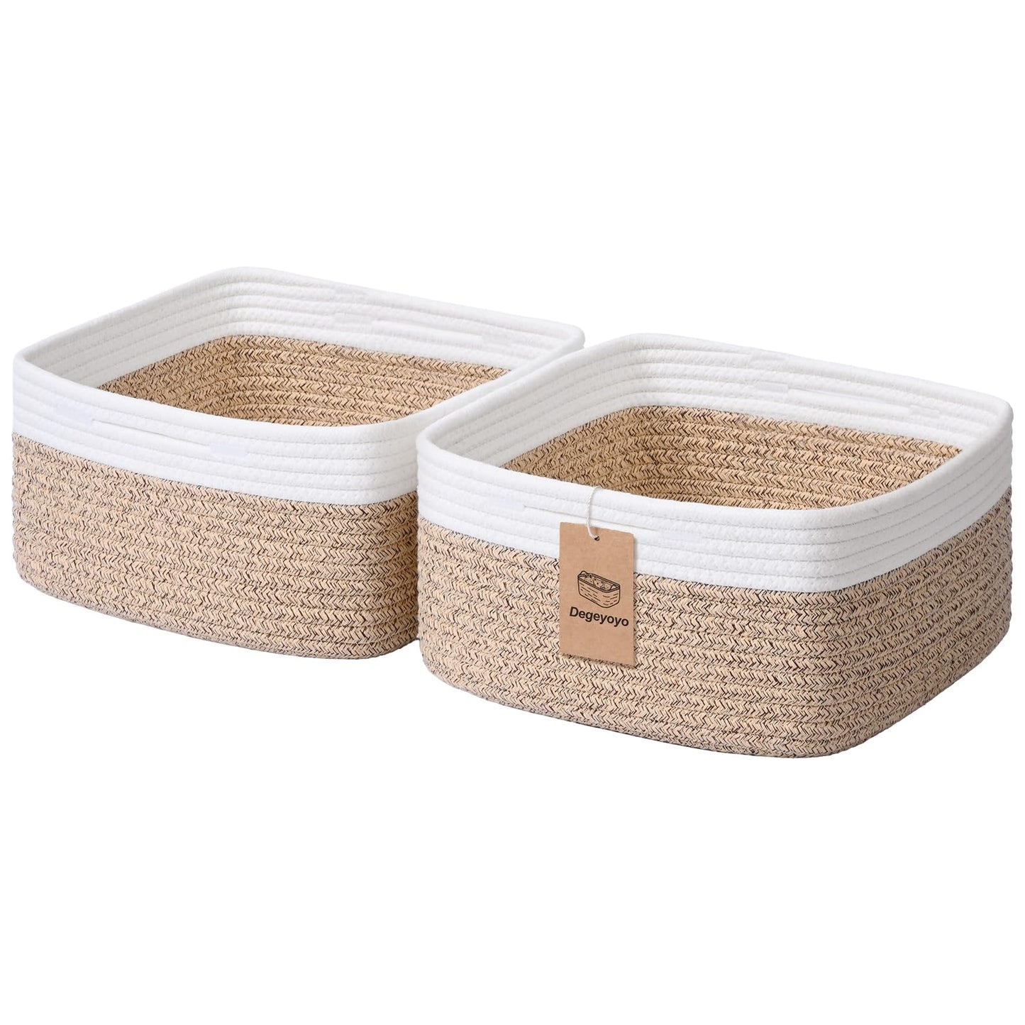 Storage Baskets for Shelves, 2 Pack Shallow Basket - 10.5" x 10.5" x 5.5", Rope Baskets for Organizing Toys, Snacks, Cube Storage Bins for Closet, Bedroom, Nursery, Brown & White