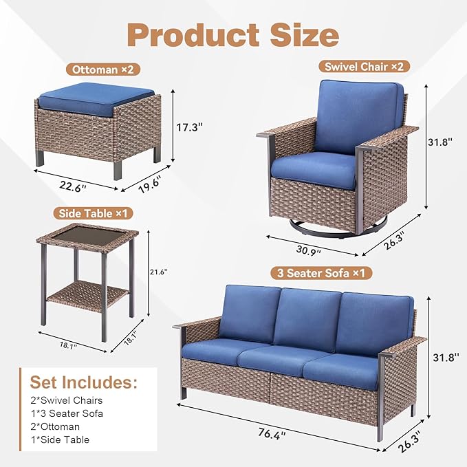Wicker Patio Furniture Set Swivel Chairs-6 Pieces All-Weather Outdoor Patio Conversation Set with Rattan 3 Seater Sofa, Wicker Outdoor Furniture for Garden Porch Deck Backyard Brown/Blue