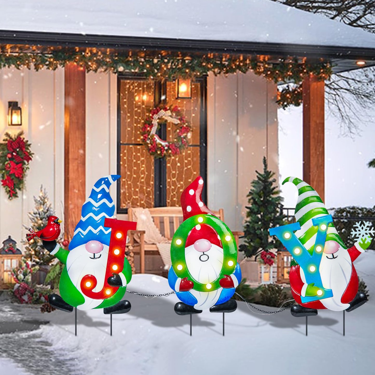 Afirst Christmas Yard Stakes Metal Christmas Outdoor Yard Decoration Gnomes Holding Joy Lighted Metal Stakes Outdoor Xmas Stake Lawn Pathway Garden Decoration