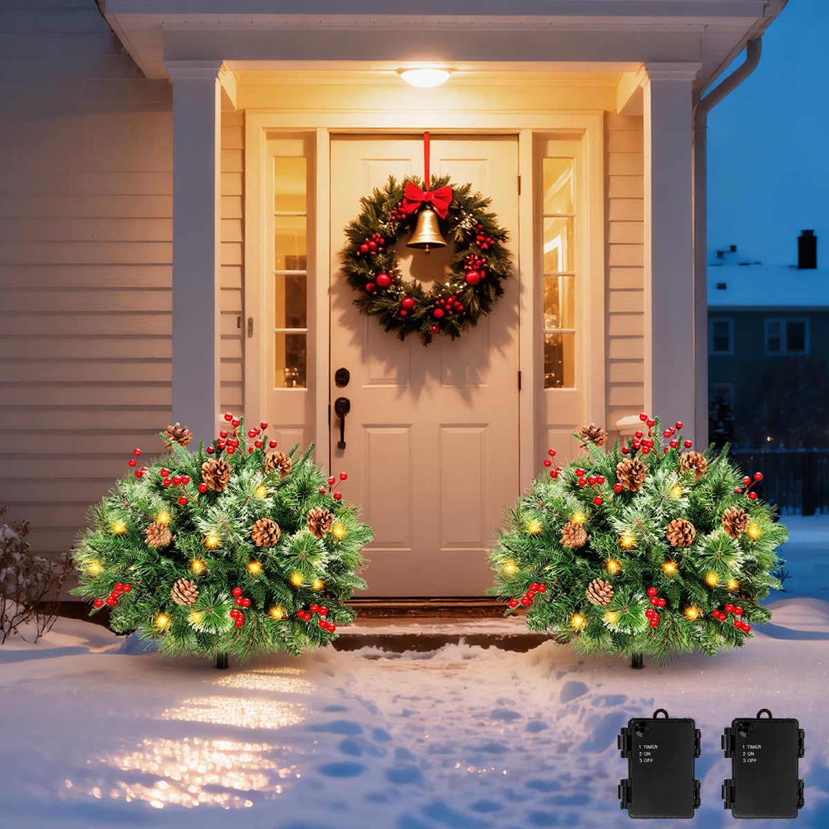 Lewondr Set of 2 Prelit Pathway Christmas Trees, 20.87" Outdoor Christmas Tree with 50 LED Lights, Pine Cones Red Berries, Battery Operated Outdoor Xmas Decor for Yard Home Porch