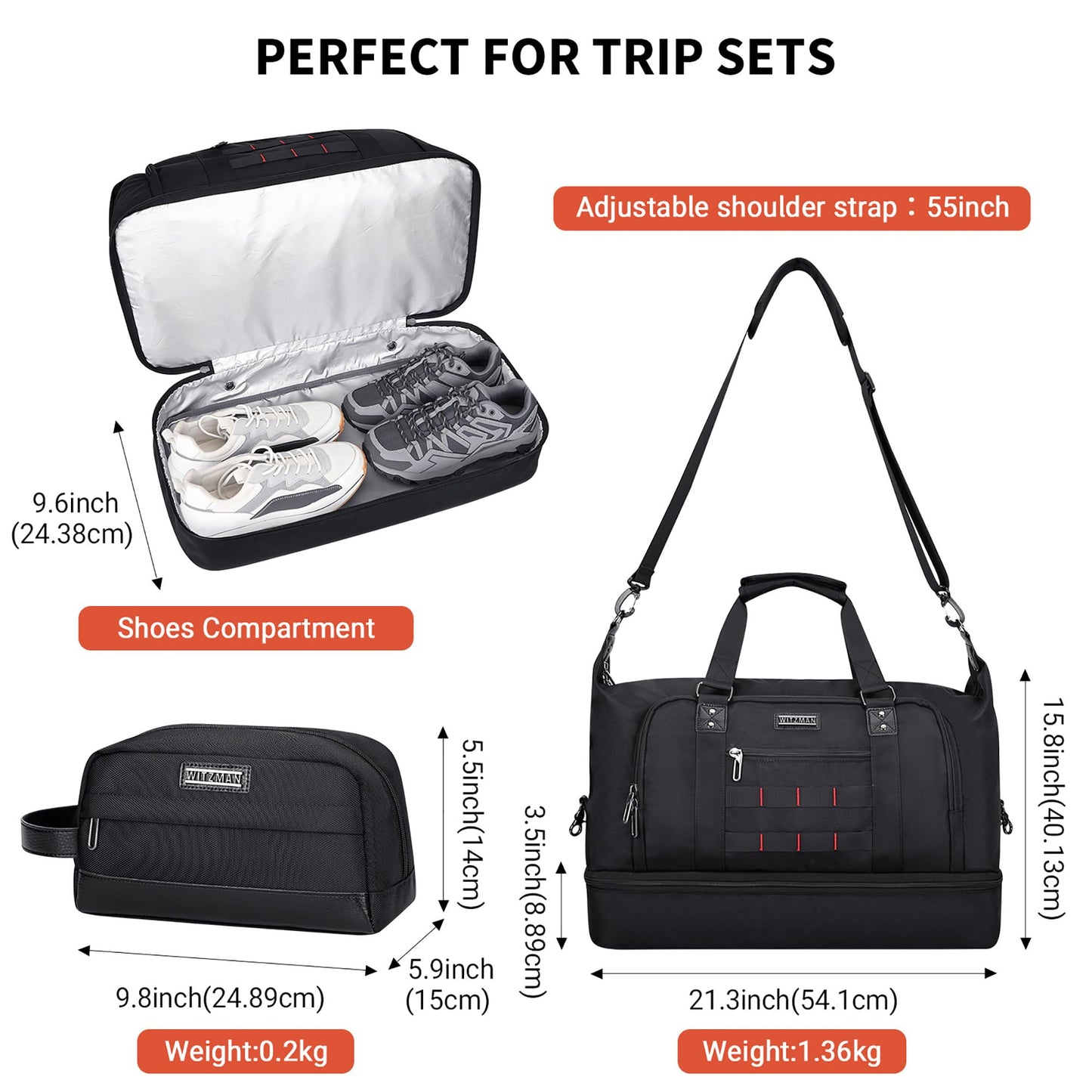WITZMAN Travel Duffle Bags for Men Weekender Bags with Toiletry Bag Sets Carry On Overnight Bag 55L （B696 Black）