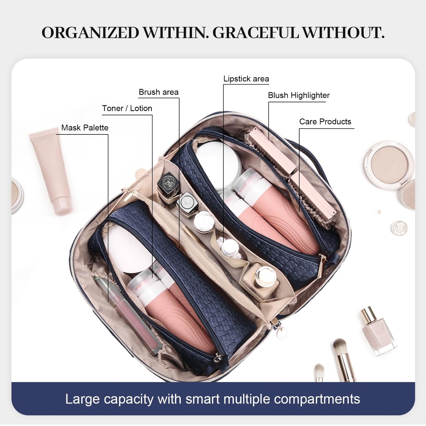 Travel Makeup Bag for Women: 3 Pcs Set Cosmetic Bags for Women - Large Capacity Vagen Leather Hand-made for Toiletry Organizer - Waterproof Ladies Travel Flat Open Essentials for Luxury (03Blue)