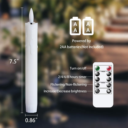 Mavandes Flameless Flickering Taper Candles Two Remote, 7.5 Inch White Battery Operated LED Window Candles Timer,Set of 6 Plastic 3D-Wick Dripping-Wax Effect Flameless Candlesticks(0.86”Dia,Warm Fire)
