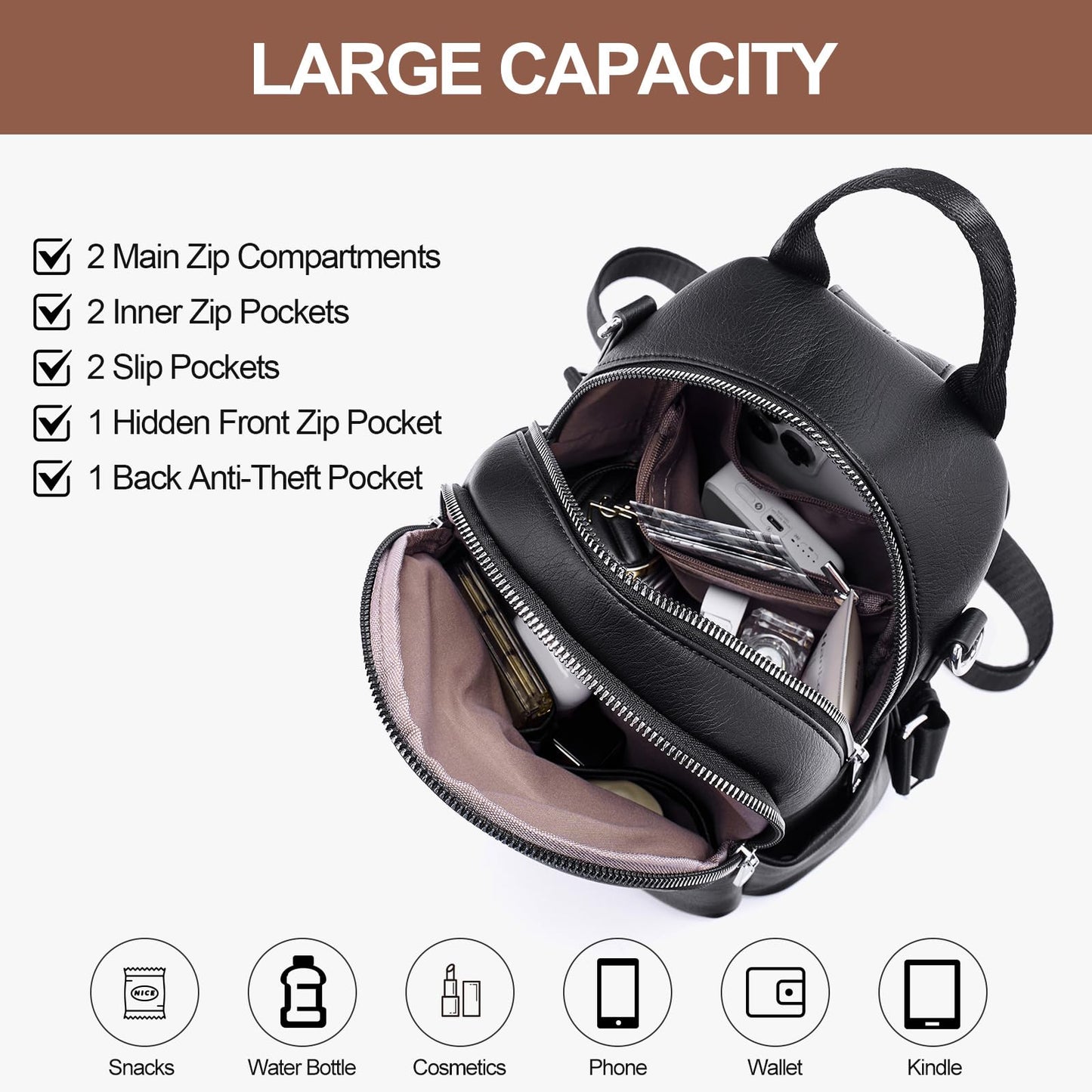 Lexiyat Small Backpack Purse for Women Leather Mini Convertible Designer Backpack Travel Shoulder Fashion Bag Black