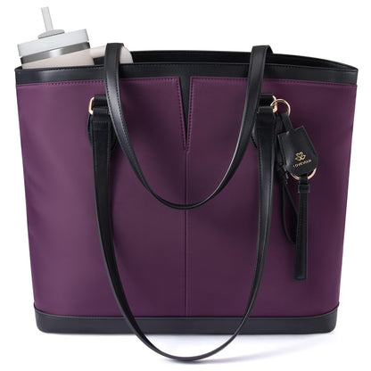 LOVEVOOK Laptop Tote Bag for Women, 17.3 Inch Lightweight Work Computer Bag with Cup Holder, Waterproof Office Briefcase Travel Handbag Purse Gifts for Women Purple-Black