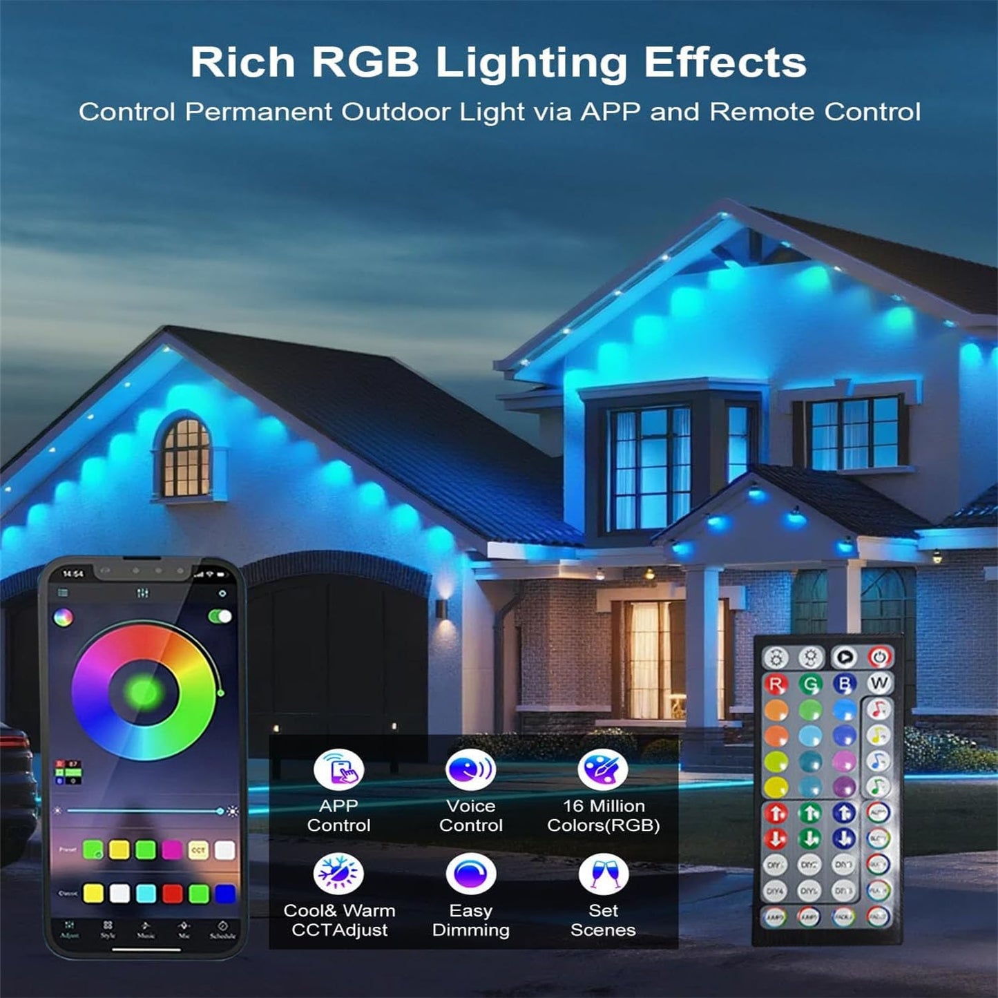 Sxlofty 300FT Permanent Outdoor RGB Lights,IP67 Waterproof Smart LED Eaves Lights with App/Remote Control,for Christmas and All Holiday Decor,Daily and Accent Lighting,House Roof and Garden Lighting