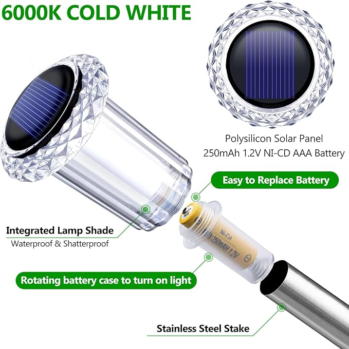 DenicMic Solar Lights Outdoor 15 Pack Waterproof 6000K Cold White LED Stainless Steel Stake for Pathway Yard Garden Driveway Solar Powered Outside Decor