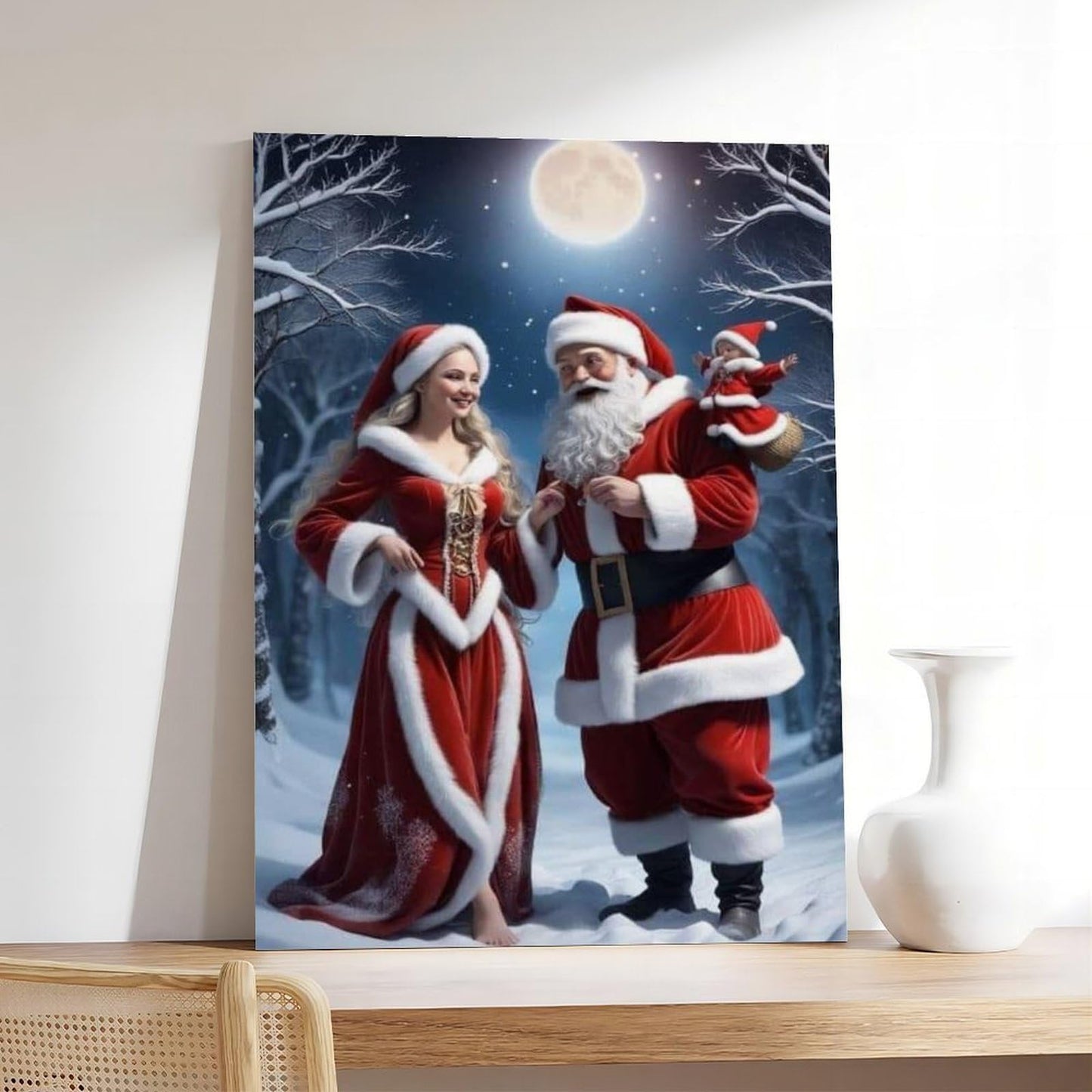 Santa Claus Family Figurine Set Christmas Decorations Including Mrs. Santa Claus Poster Wall Art Decor Print Picture Paintings for Living Room Bedroom Decoration Frame 24x36inch