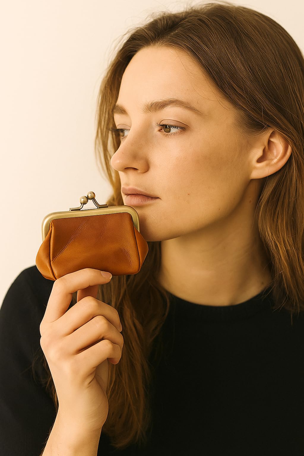 ROUROU Genuine Leather Clutch Bag for Women Kiss Lock Wallet Retro Coin Purse Coin Organizer Cute Purse