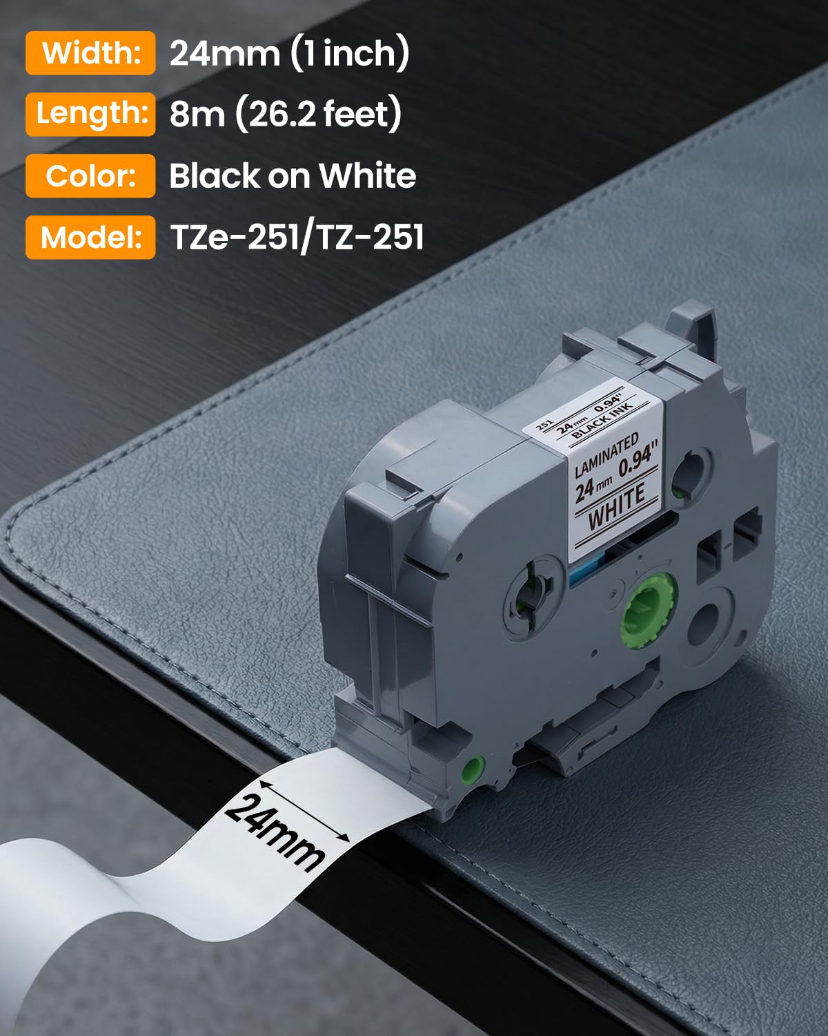 Replacement for Brother TZe-251 TZe251 P Touch Label Maker Tape 24mm TZe TZ Tape 24mm 0.94 Inch Laminated Black on White, Compatible with Brother PT-D600 PT-D610BT PT-P700, PT-P710BT PT-P910BT, 6-Pack