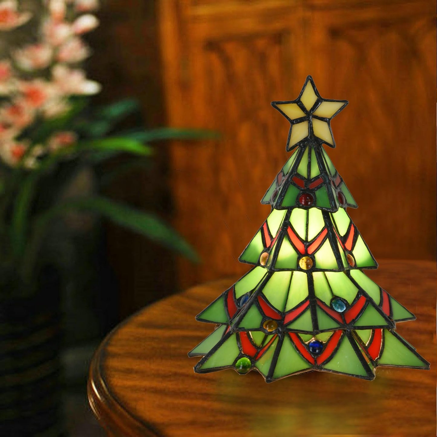 HomeBeauty A0001 Tiffany Style Stained Glass Accent Table lamp for Home Decor,Christmas Table Decorations Lighted Xmas Tree for Living Room Tabletop Party, W 7.5" x H 8.5", Bulb Included