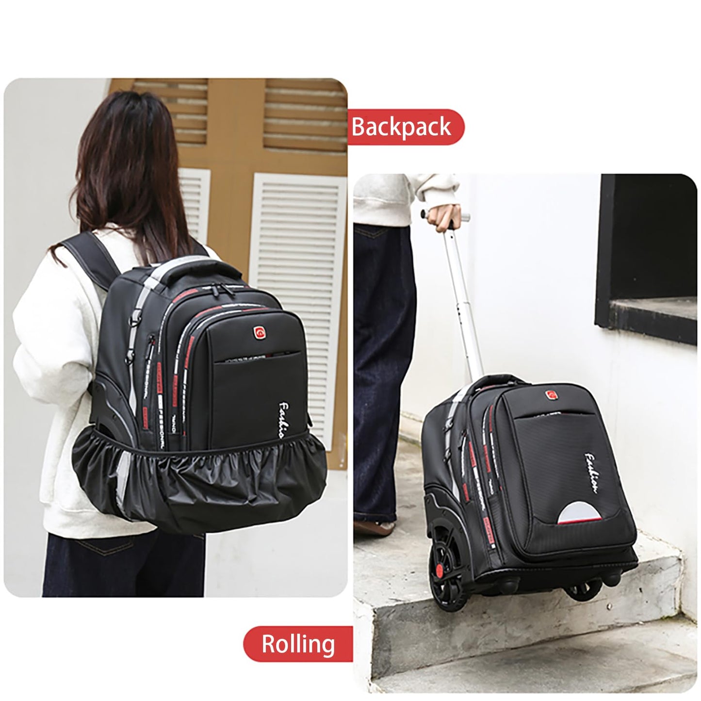 WMHYLYH Waterproof Rolling Backpack for Women and Men, Laptop Backpack with Wheels for Adults, Carry on Backpack with Large Wheels for Travel and Business Commuter (Black, 22inch)