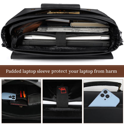 Leather Messenger Bag for Men Women 15.6 Inch Waterproof Vintage Leather Laptop Briefcase Large Satchel Shoulder Bag Office Travel College Computer Laptop Bag, Black