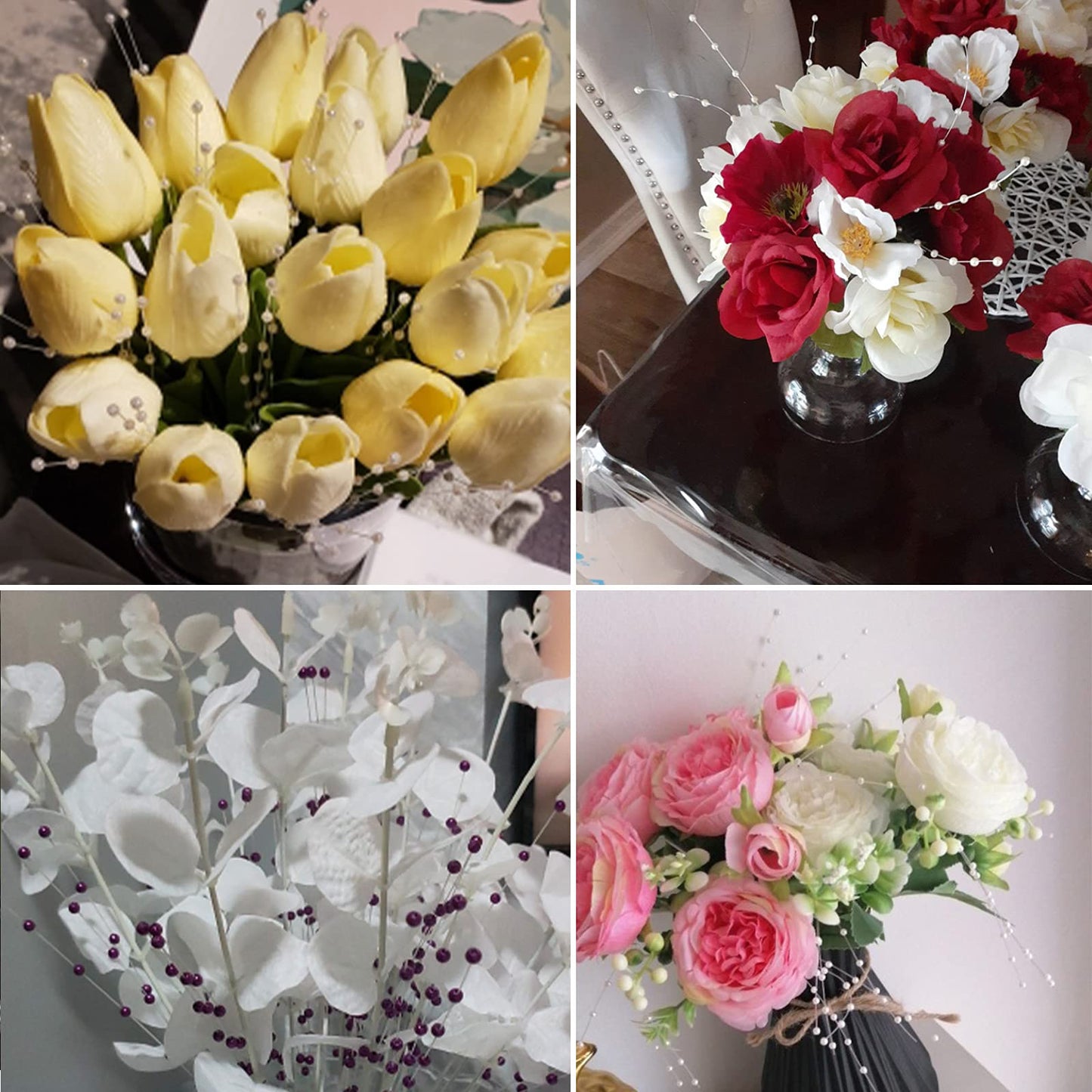60 Pieces Pearl Stick Stems Bouquets, 4mm Bead String Garland Beaded Spray Filler Floral Arrangements Tree Picks Wedding Party Decoration, Mother's Day Flower Decor, Christmas Tree Picks (Silver)