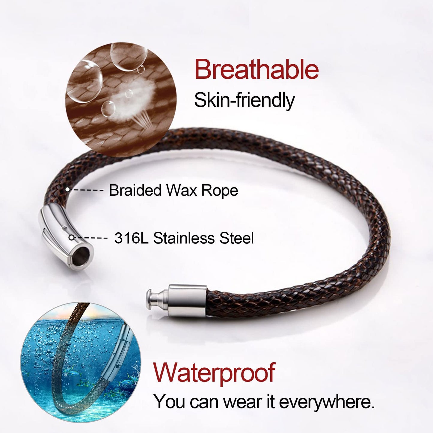 FOCALOOK Braided Leather Bracelet,Brown Hand Chain Leather Cord Rope Bracelet for Grandson 7inch(18cm)