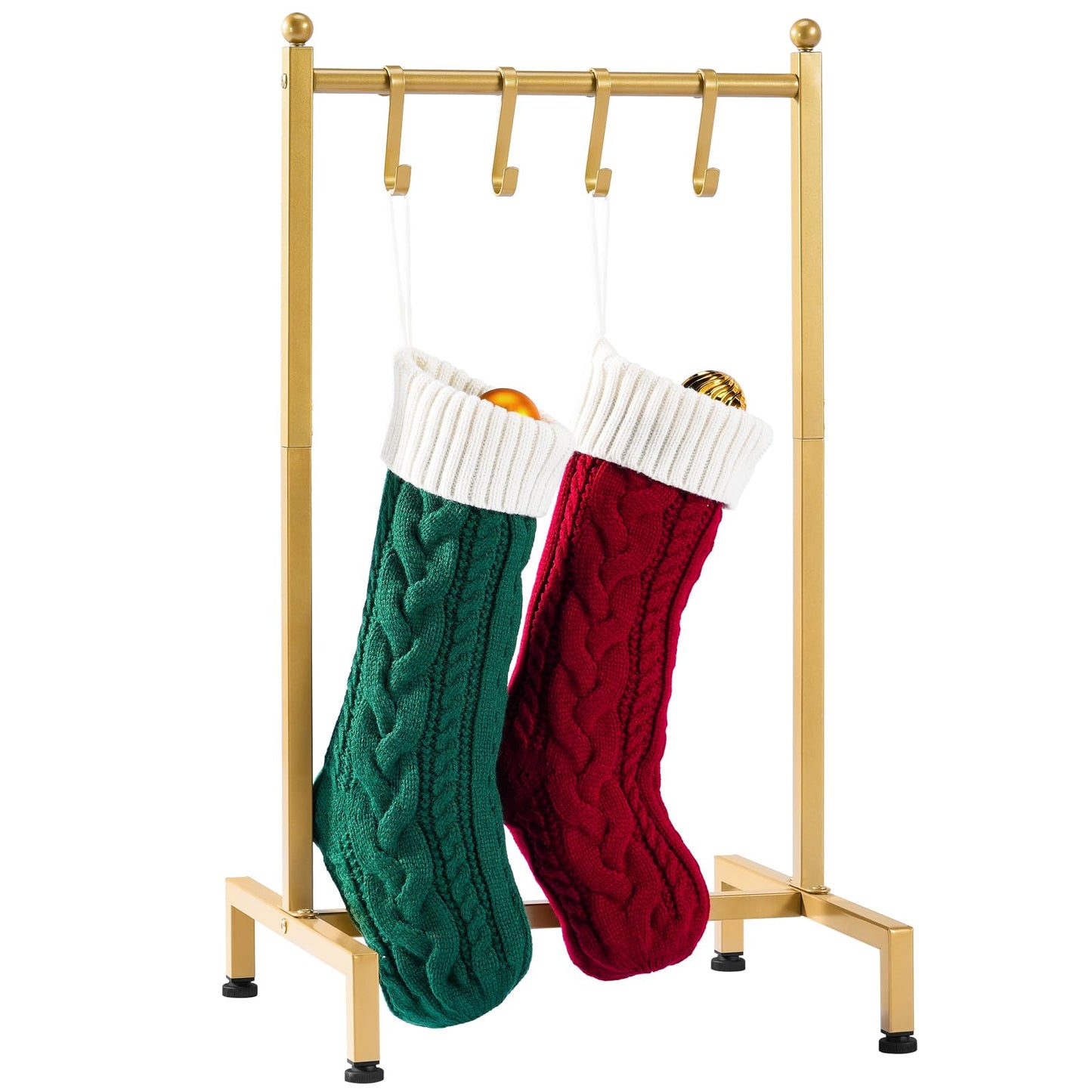 ELYKEN Christmas Stocking Holder, Free Standing Stocking Rack with 4 Removable Hooks, Small Stocking Stand, Heavy Duty Metal Tubes with Stable Base and Adjustable Feet, Gold