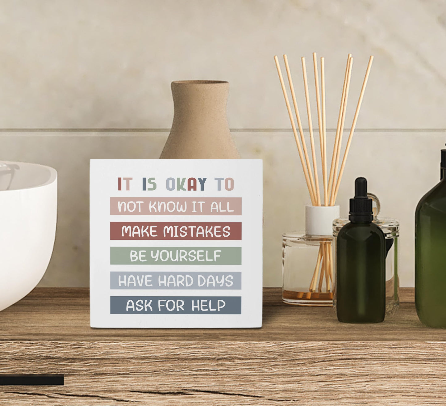 KU-DaYi It is Okay to Mental Health Wooden Box Sign, Teacher Desk Decor, Inspirational Boho Office Classroom School Therapy Reading Corner Wall Shelf Table Wooden Block Plaque Desk Decor 5x5 Inch