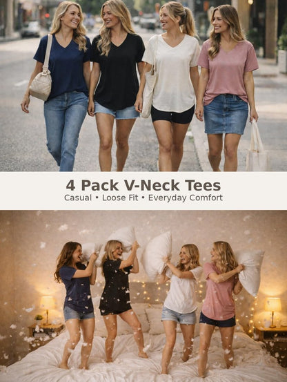 VILIGO 4 Pack V Neck T Shirts for Women Basic Tees Casual Short Sleeve Shirts Loose Fit Plus Size Tops Plain Summer Clothes