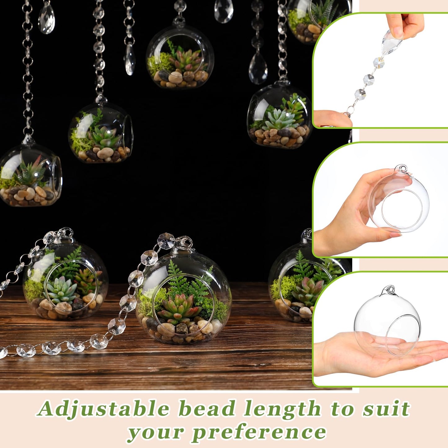 GlikCeil 56 Pcs 3.15'' Hanging Glass Tealight Holder Globe with K9 Crystal Garland Strands,Teardrop Pendant Hanging Tealight Candle Holder Orbs Air Plant for Wedding Centerpiece Party Decor (Clear)