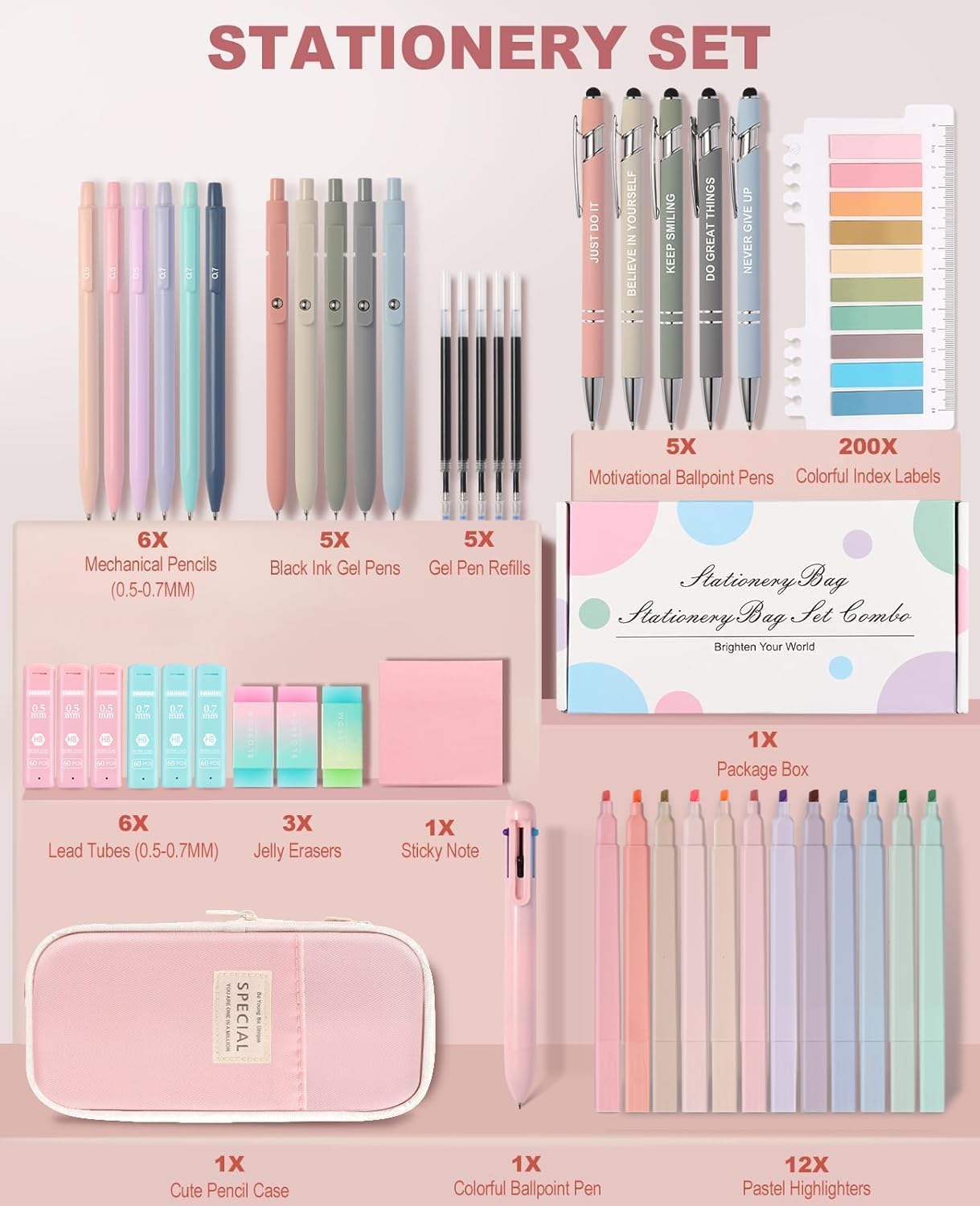 56 PCS Aesthetic School Supplies with Large Pencil Case, 5 Inspirational Ballpoint Pens, 12 Pastel Highlighters, 5 Black Ink Gel Pens, 6 Mechanical Pencils 0.5-0.7mm College Student Essentials (Pink)