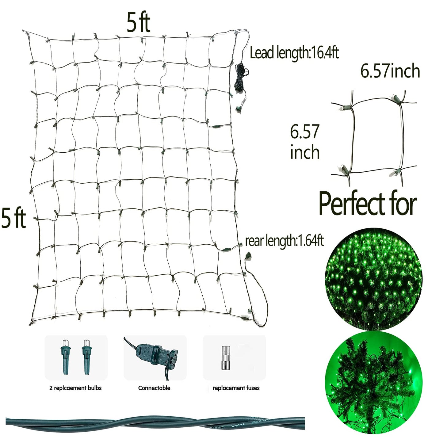 HISHINY Christmas Net Lights Outdoor, 5ftx5ft 100LED Green Wire, Connectable Bush Mesh Net Lights String for Christmas,St. Patrick's Day Party,Shrub,Yard,Tree (Green)