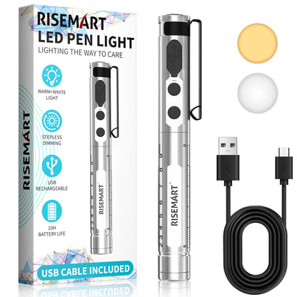 RISEMART Pen Light for Nurse, Rechargeable LED Medical PenLight, Warm/Cool White & Stepless Dimming, Portable Medical PenLight for Nurse, Doctor, First Aid, EMT, Nursing, Nursing Student (Sliver)